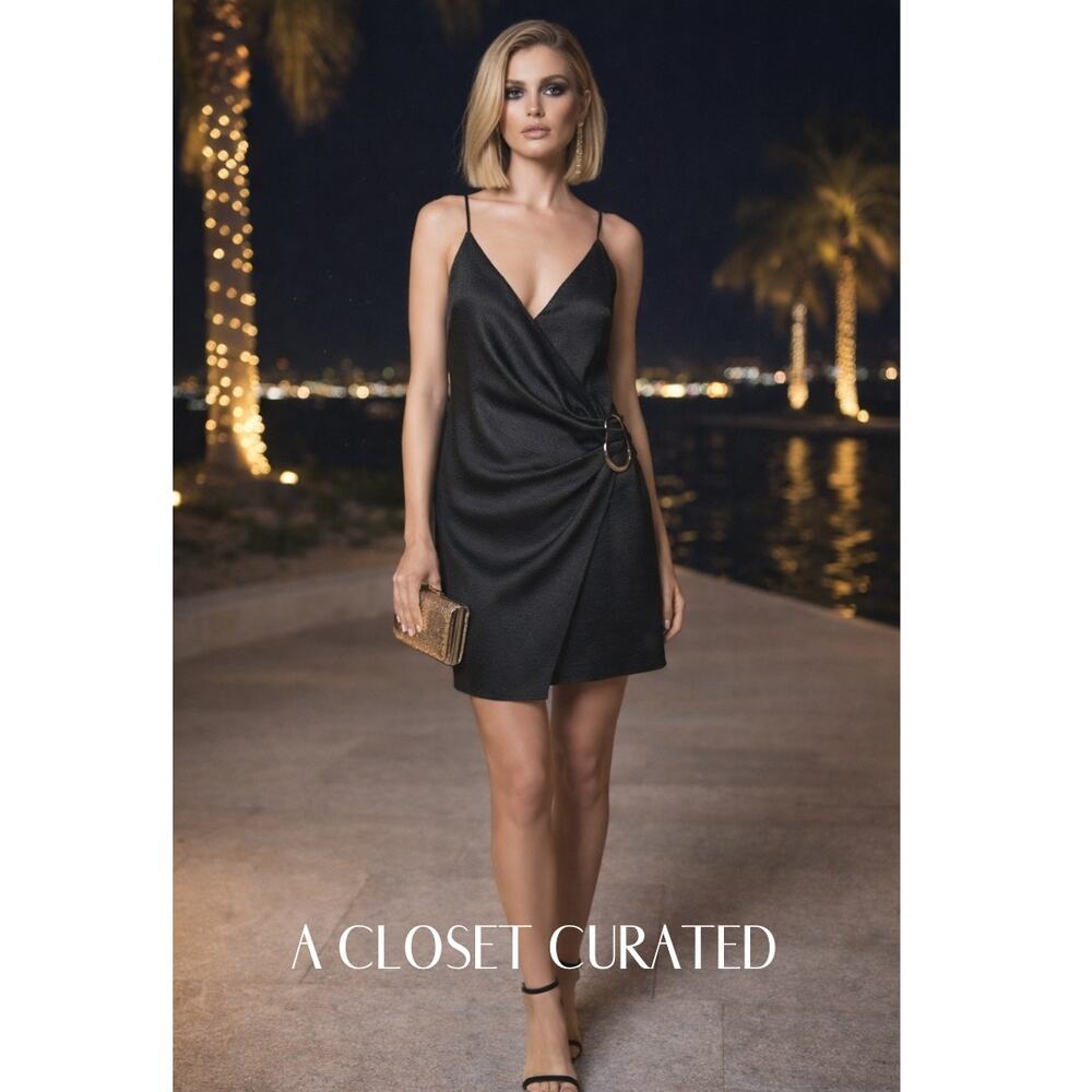 Cushnie Hammered Silk Buckled Mini Dress 2 Black NEW